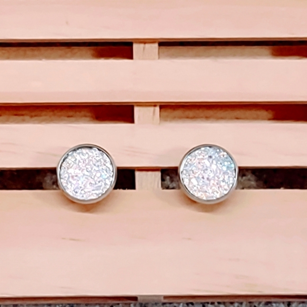 DRUZY IRIDESCENT AGATE  12mm PIERCED STAINLESS STEEL EARRINGS GIFT BOX INCLUDED